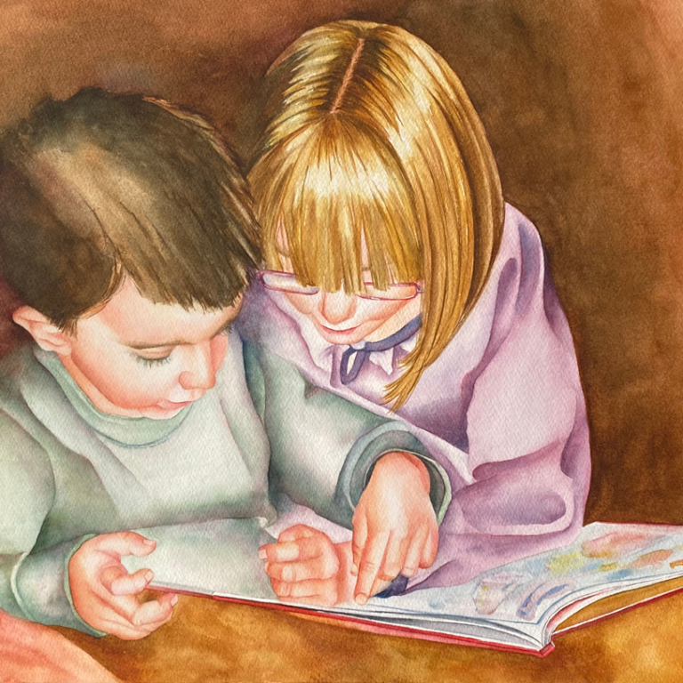 Reading Together II - Children Painting - Karen Berstler Studios - Delaware Artist