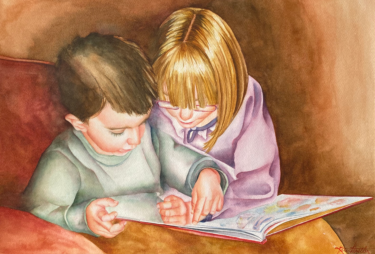 Reading Together II - Children Painting - Karen Berstler Studios - Delaware Artist